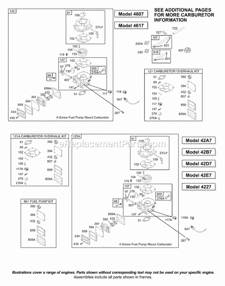 Carburetor KitsGaskets-Carburetor Diagram and Parts List for 42D707-2298-E1  Briggs and Stratton Engine